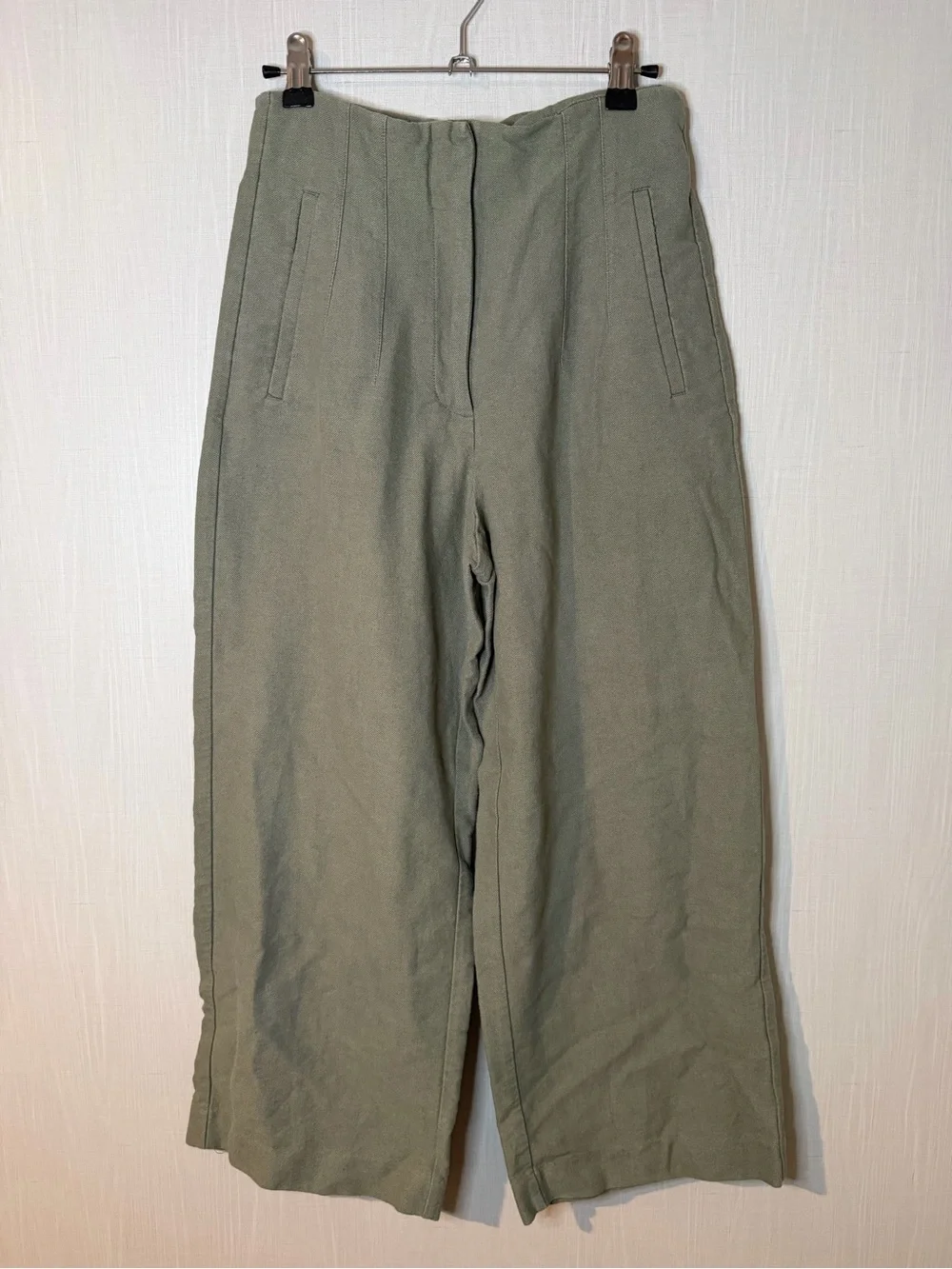 Zara Green Linen Wide Leg Cropped Paper Bag Waist Pants Small